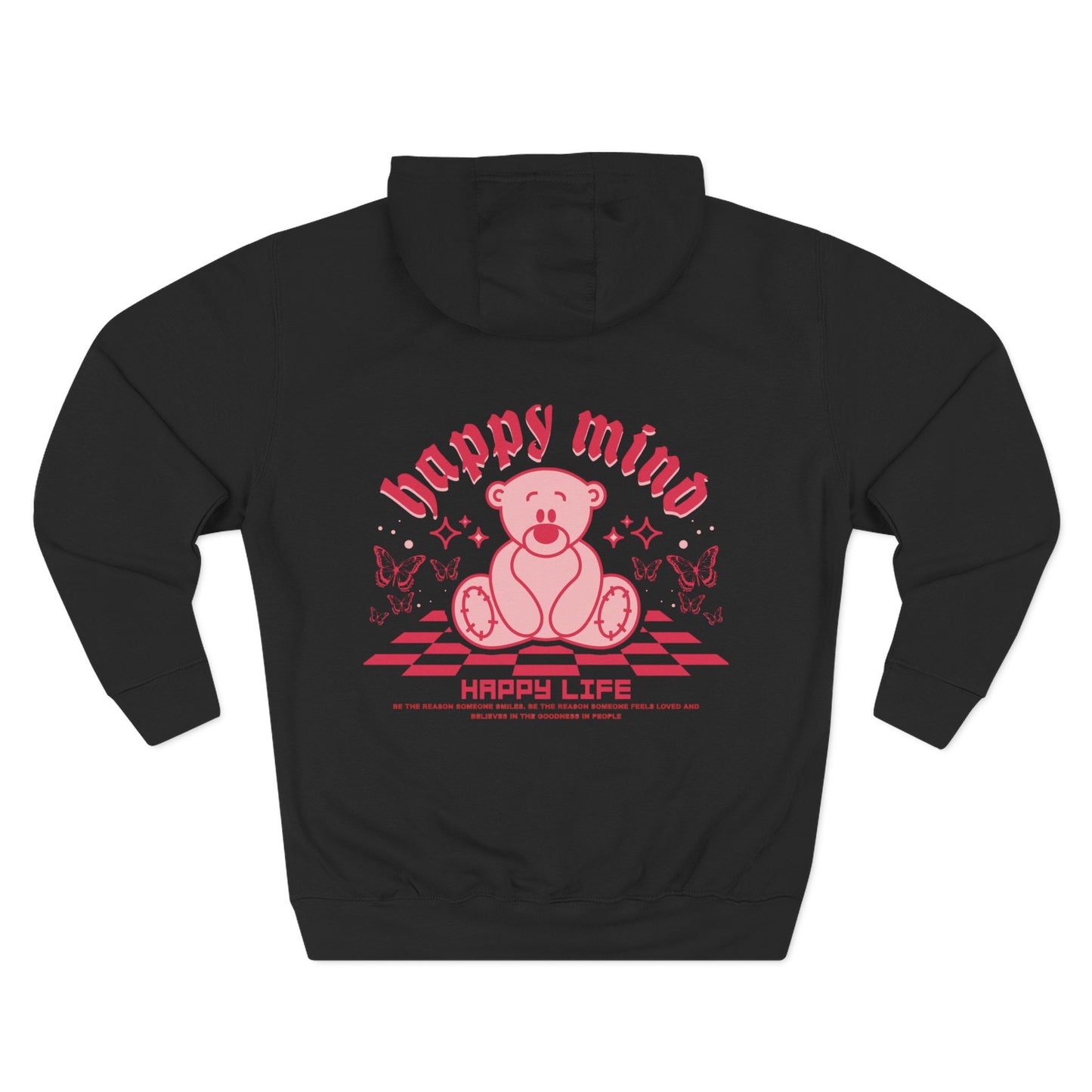 Hoodie - "Happy Mind, Happy Life" Teddy Bear Graphic Fleece Hoodie