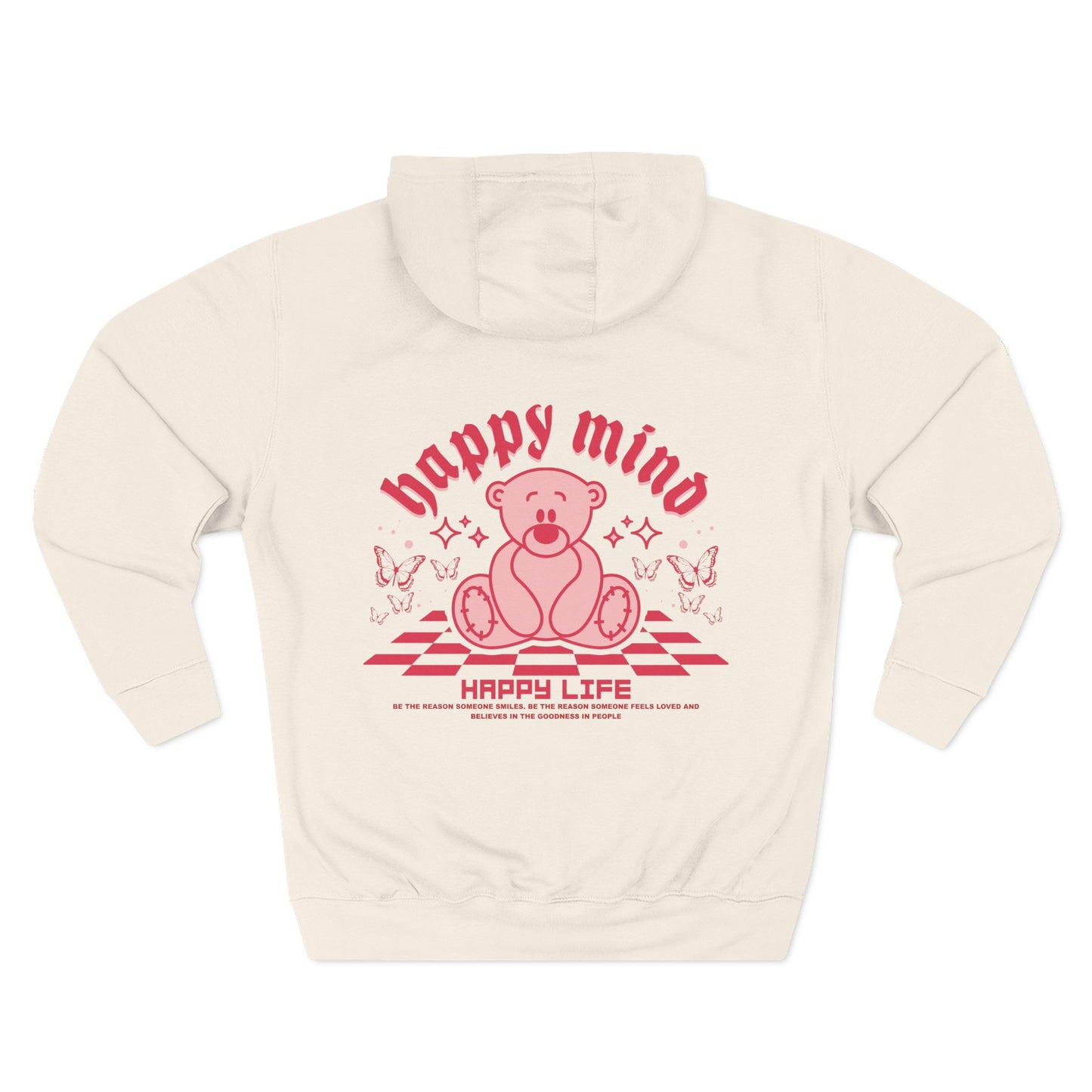 Hoodie - "Happy Mind, Happy Life" Teddy Bear Graphic Fleece Hoodie