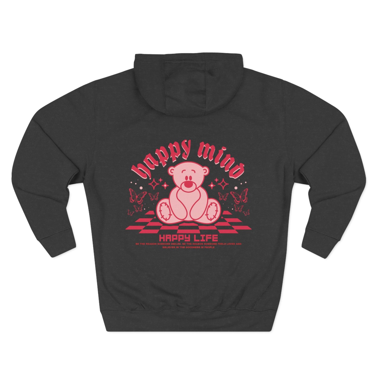 Hoodie - "Happy Mind, Happy Life" Teddy Bear Graphic Fleece Hoodie