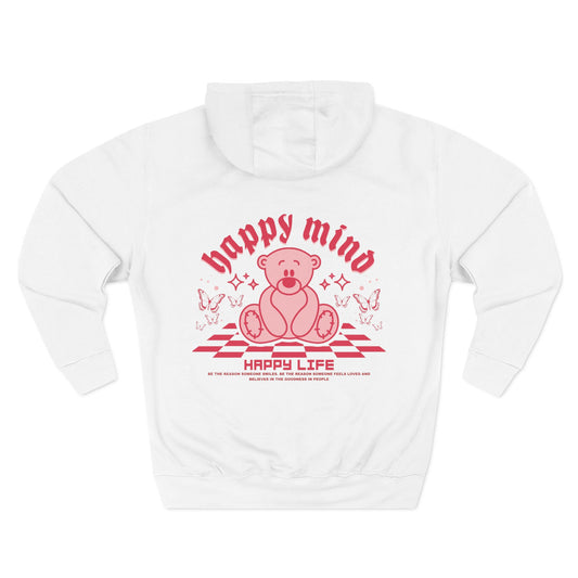 Hoodie - "Happy Mind, Happy Life" Teddy Bear Graphic Fleece Hoodie
