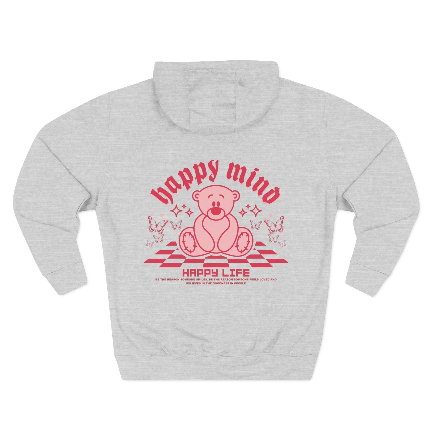 Hoodie - "Happy Mind, Happy Life" Teddy Bear Graphic Fleece Hoodie